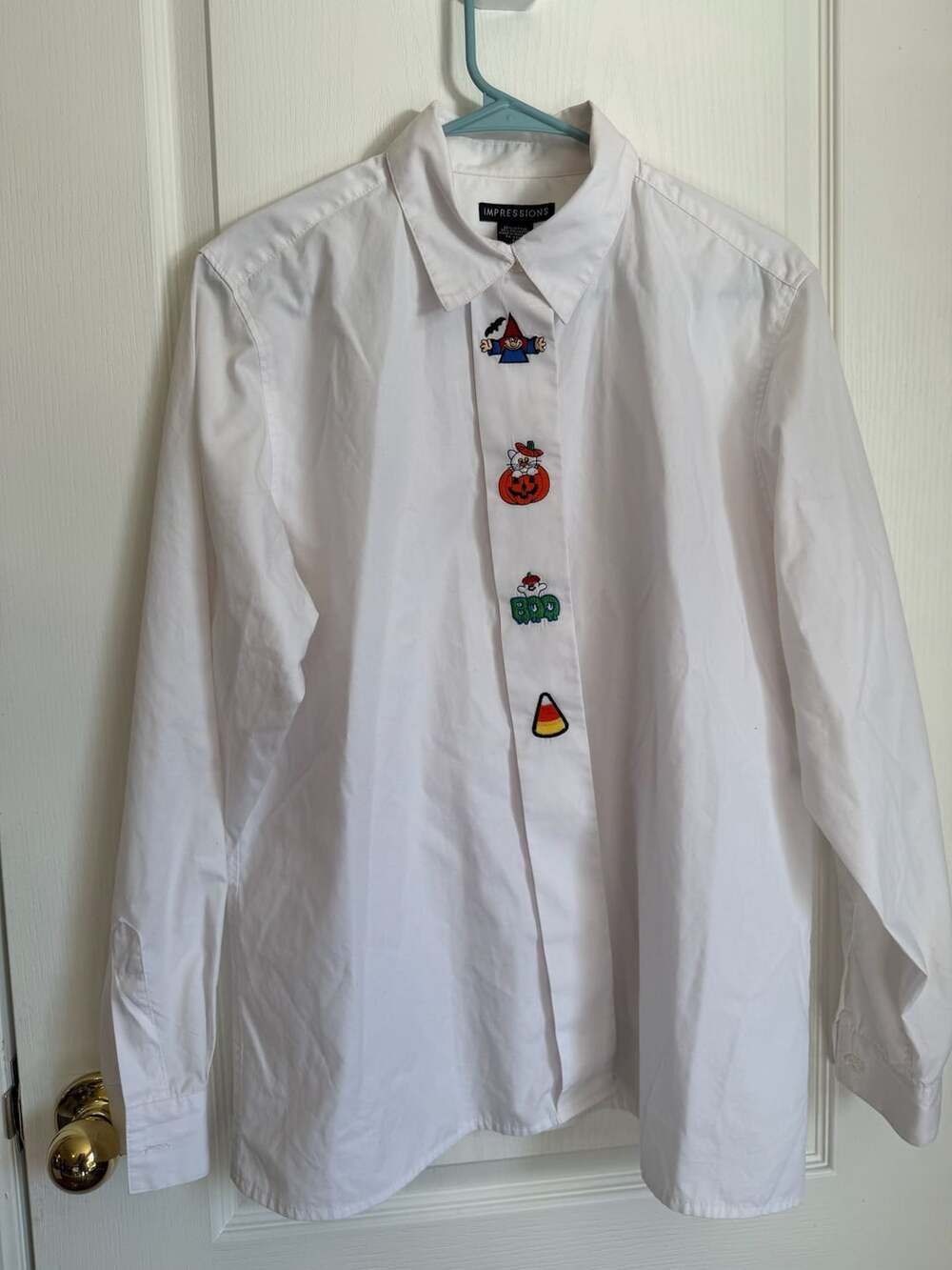 Impressions Halloween Embroidered Long Sleeve Button Down Shirt Size 14